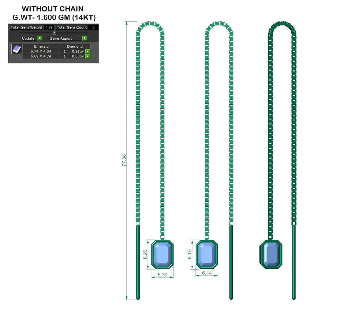 Channel Setting Emerald Diamond Hanging Chain Earring 