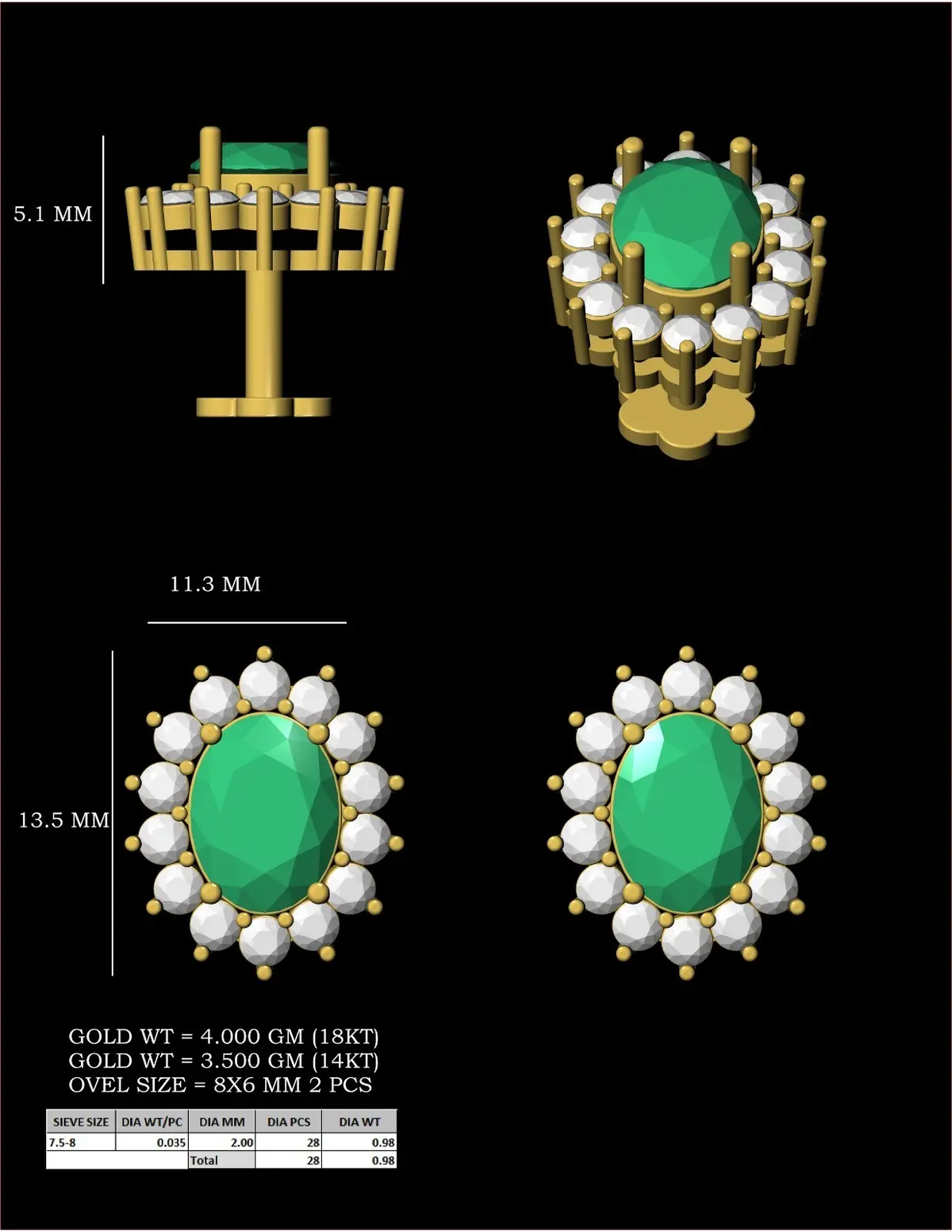 Round Diamond & Colour Emerald Stone Fashion Earring 