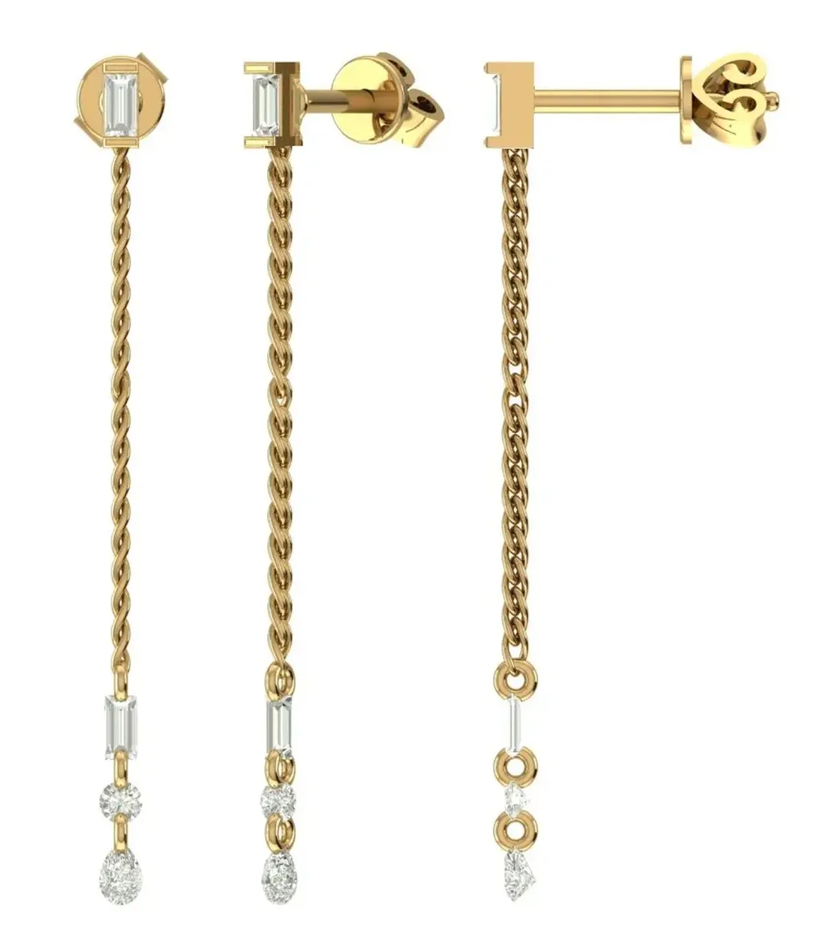 Baguette, Pear & Round Drill Diamond Hanging Chain Earring 