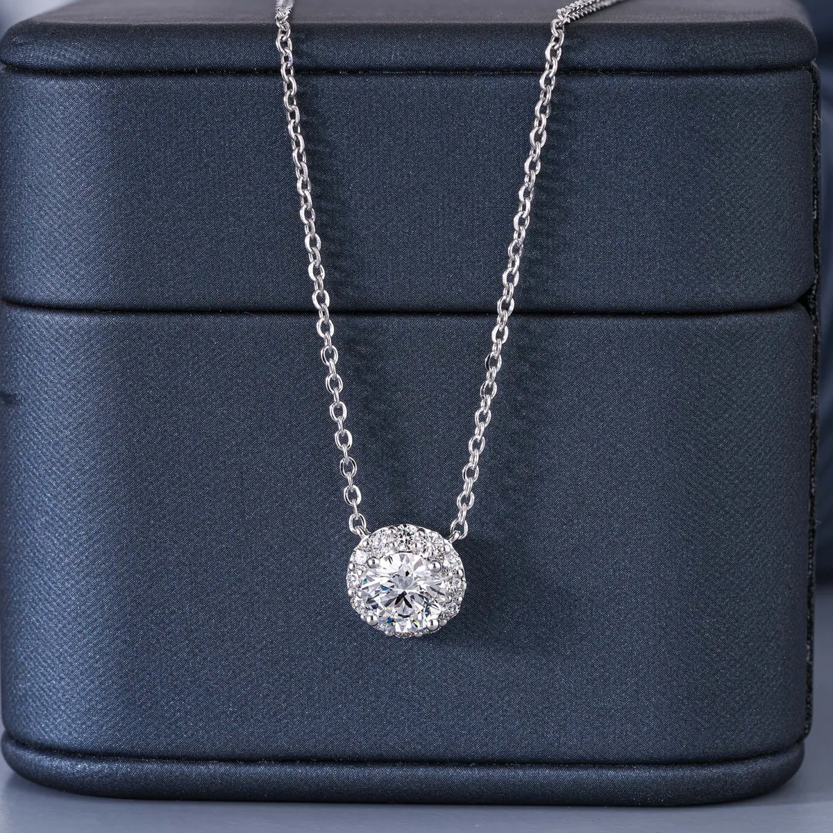 1.00CT Round Diamond With Halo Setting Necklace