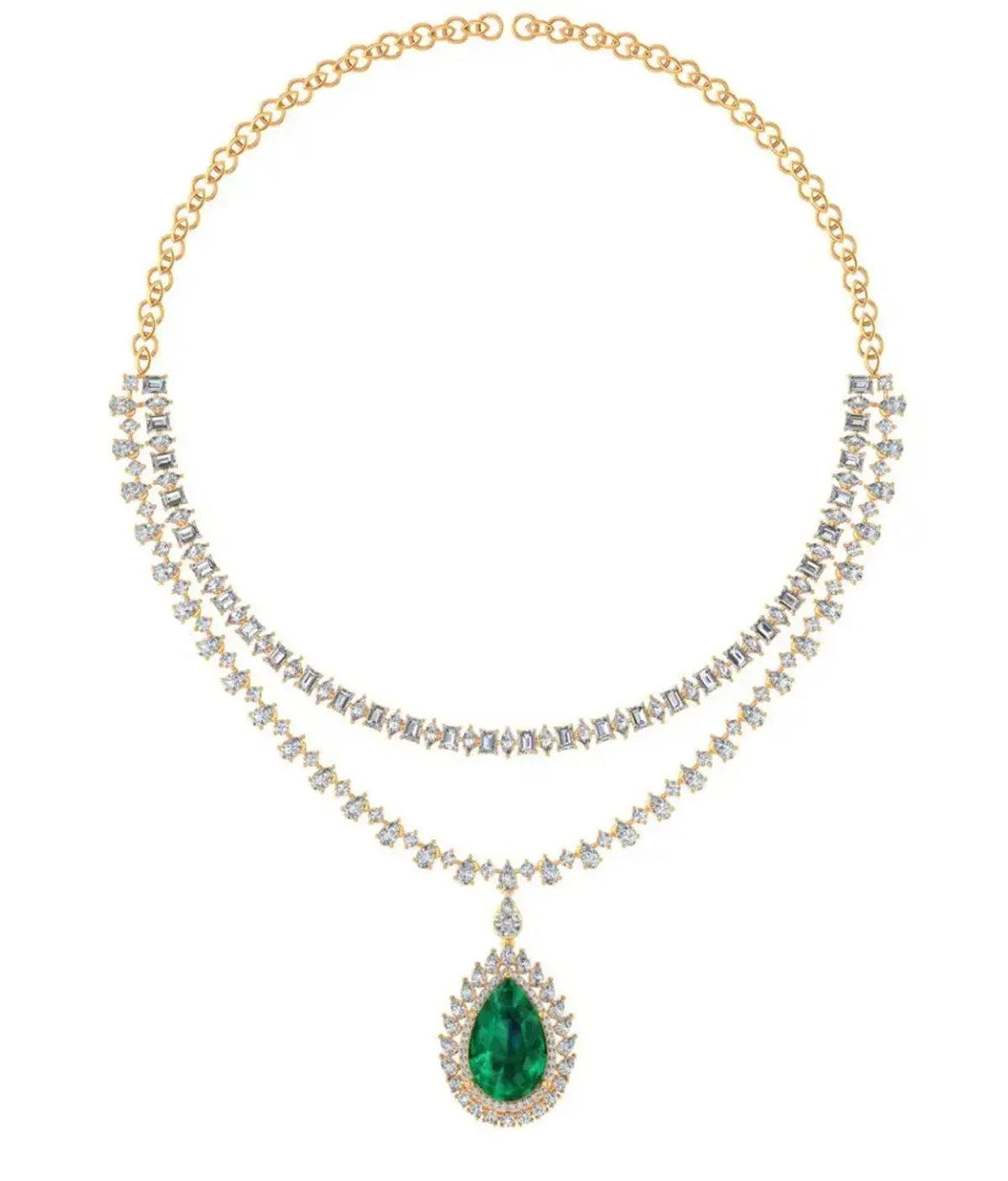 Emerald, Princess, Pear, Marquise & Round Diamond With Pear Colour Stone Fashion Necklace 