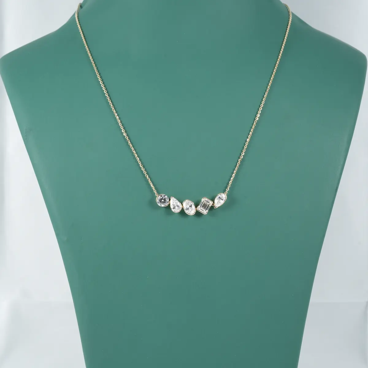 Half Bezel Setting Emerald, Oval, Pear & Round Diamond Fashion Necklace 