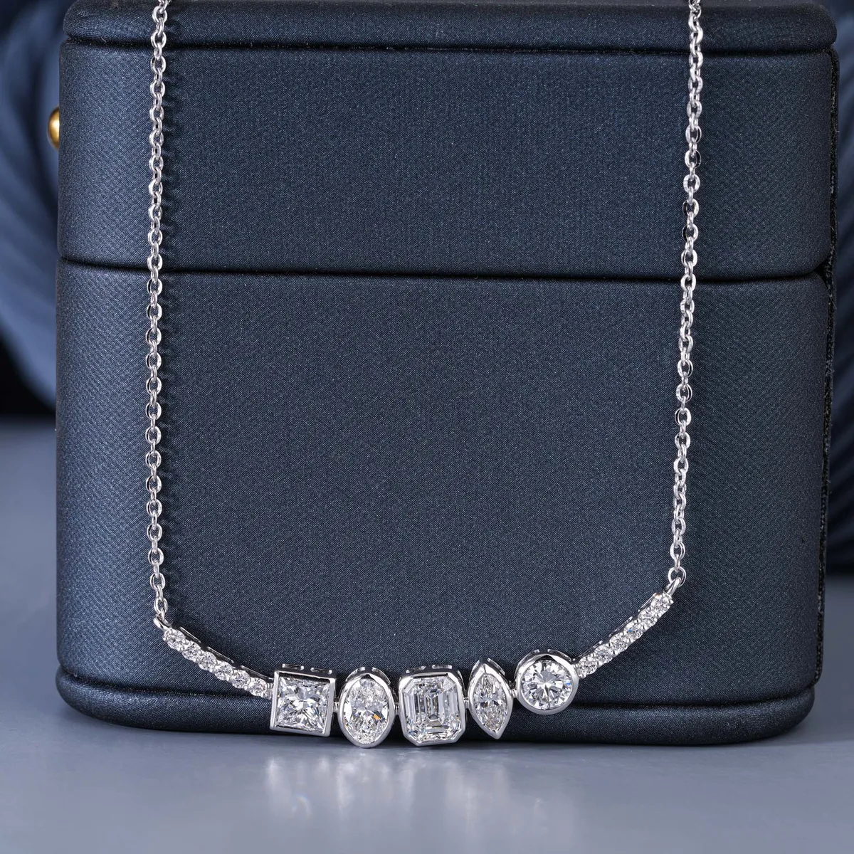 Bezel Setting Emerald, Marquise, Oval, Princess & Round Diamond Fashion Necklace 