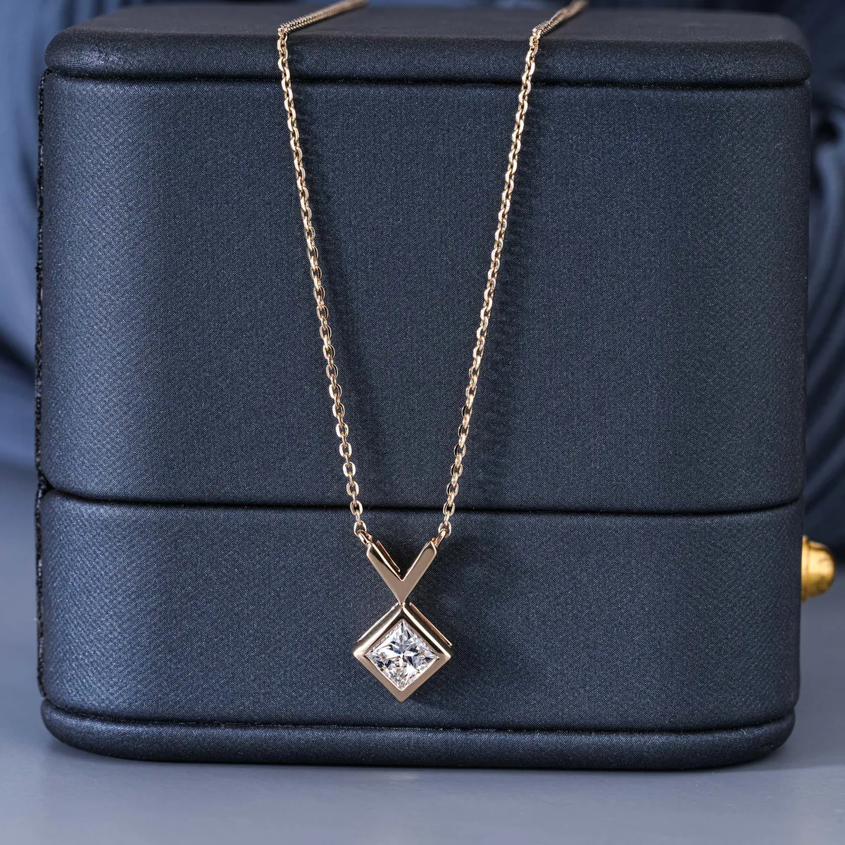0.50 CT Bezel Setting Princess Diamond Solitaire Necklace