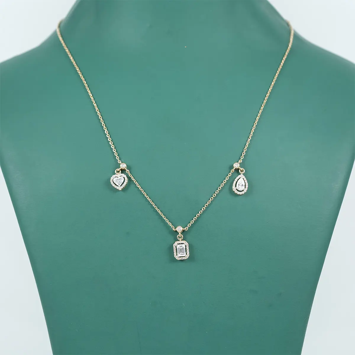 Emerald, Heart, Pear & Round Diamond Fashion Necklace 