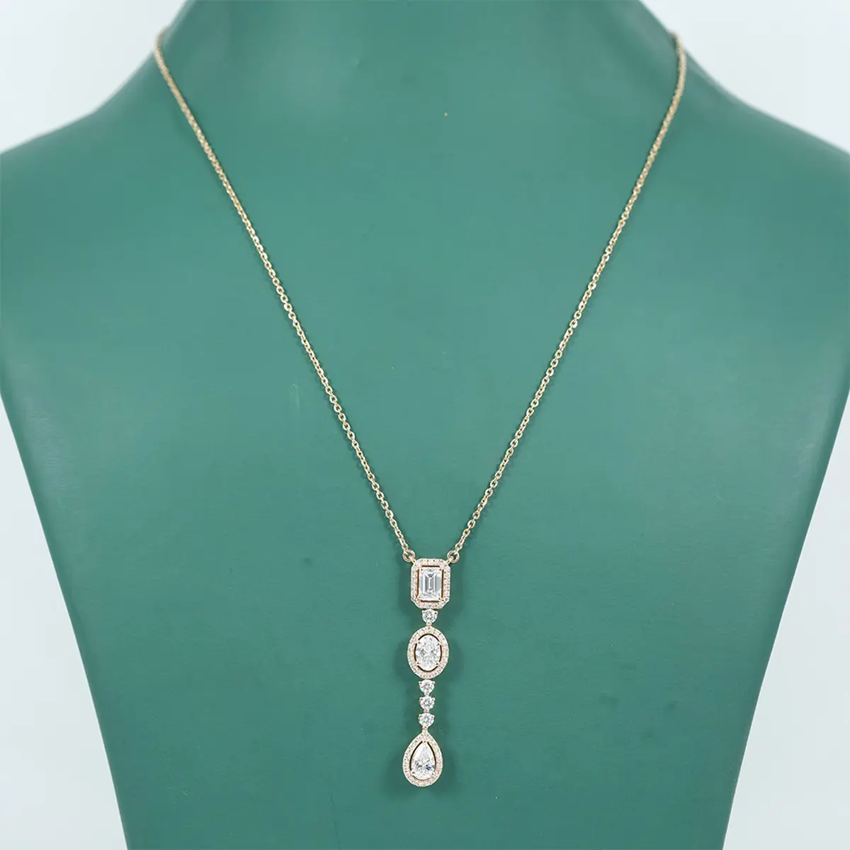 Emerald, Oval, Pear & Round Diamond Fashion Necklace 