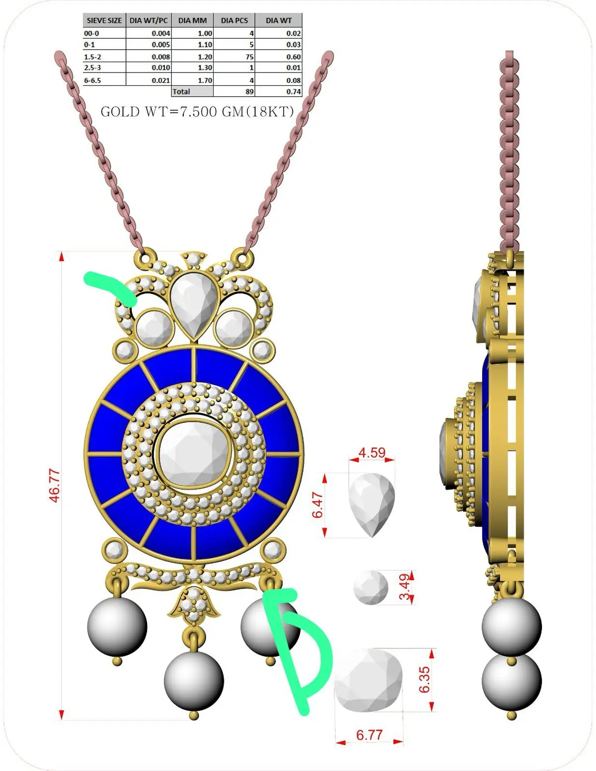 Round, Pear Diamond & Peal Necklace Set 