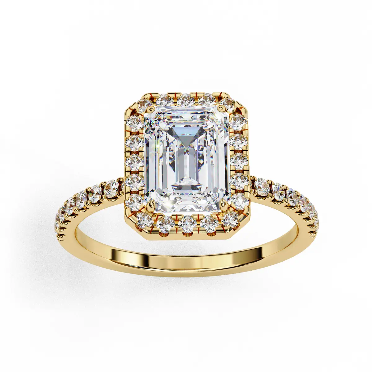 Halo Setting Emerald & Round Diamond Engagement Ring 