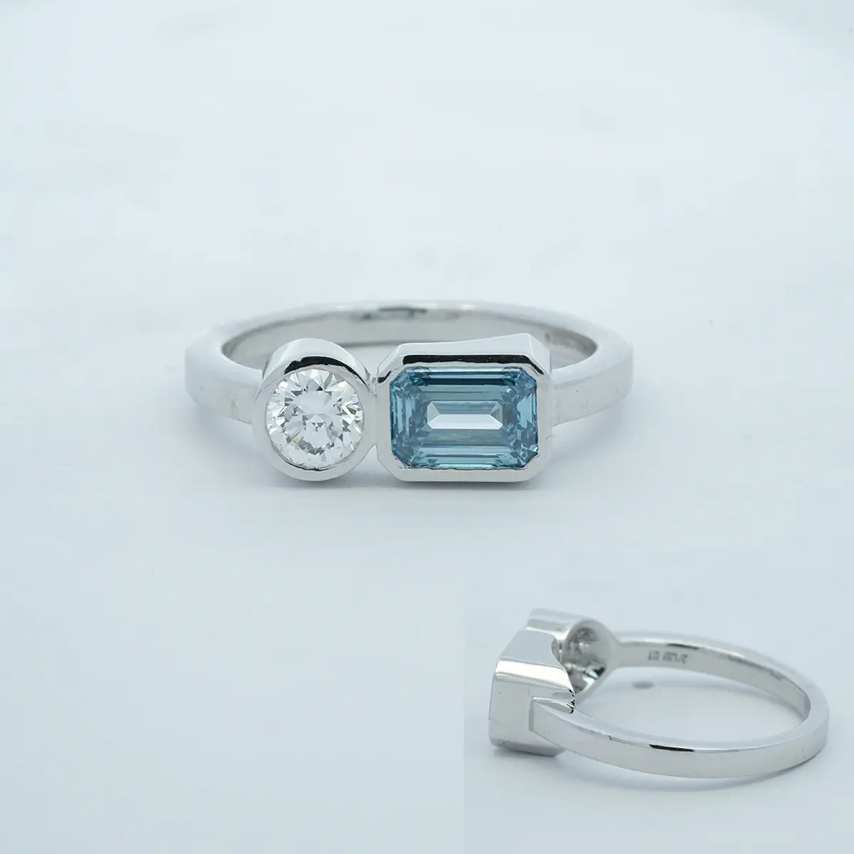 Bezel Setting Round Diamond & Emerald Fancy Stone Fashion Ring 