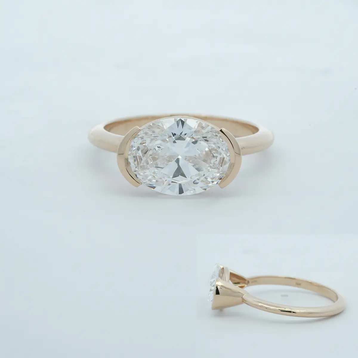 Half Bezel Setting Oval Diamond Solitaire Ring 