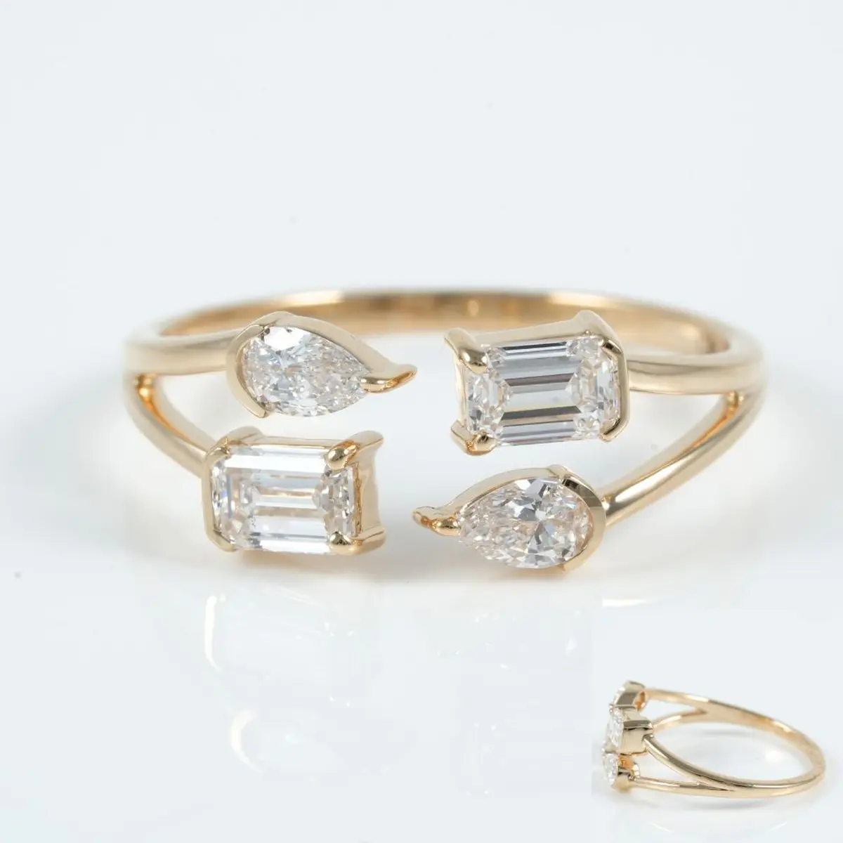 Half Bezel Setting Emerald & Pear Diamond Fashion Engagement Band