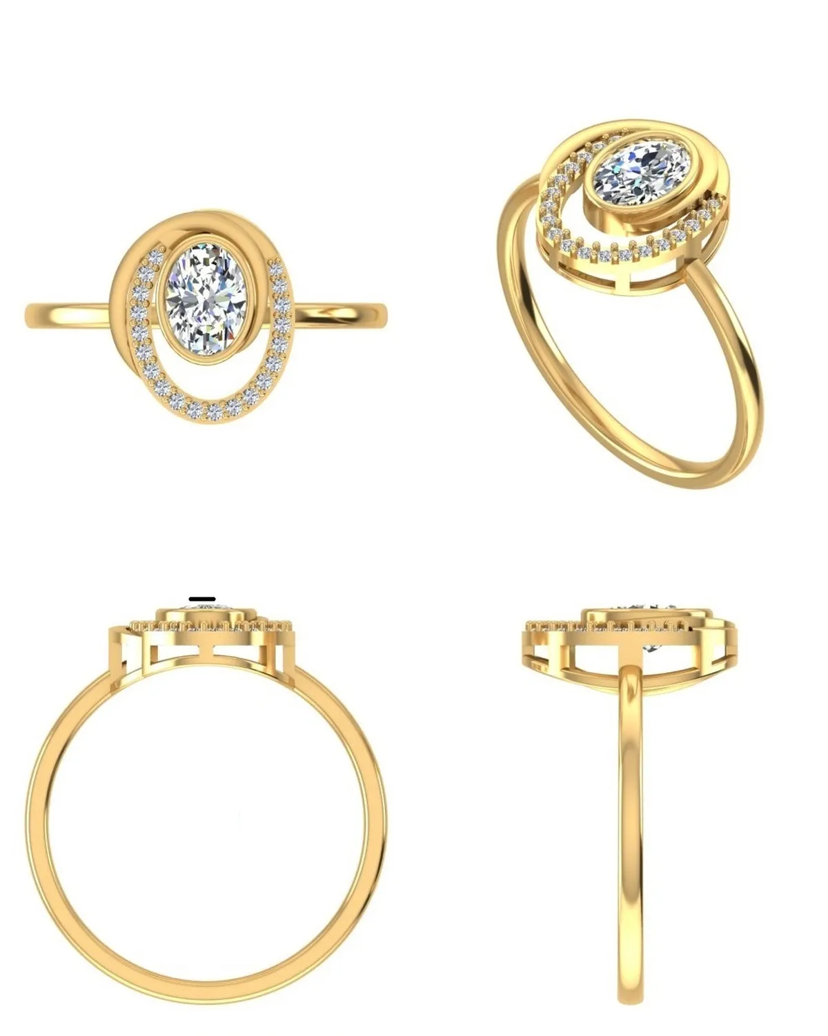 Bezel Setting Oval & Round Diamond Engagement Ring 