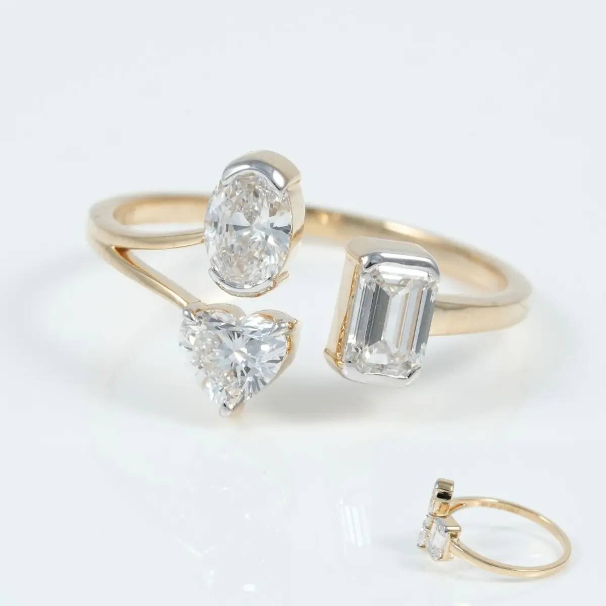 Half Bezel Setting Emerald, Heart & Oval Diamond Fashion Ring 