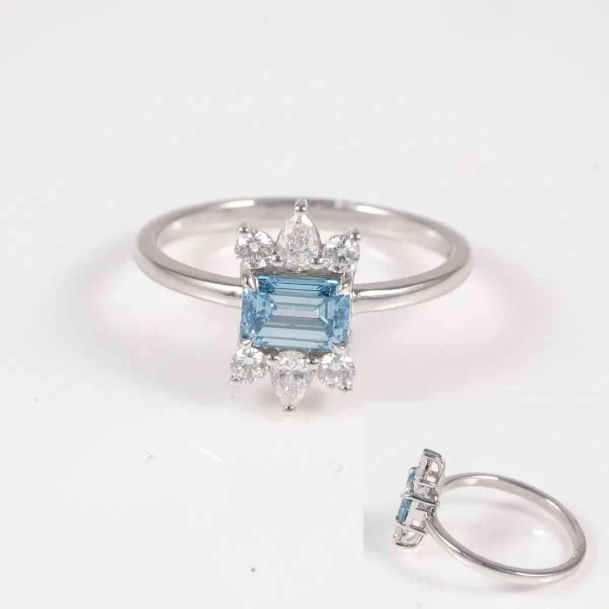 Pear & Round Diamond With Emerald Colour Stone Fashion Ring 