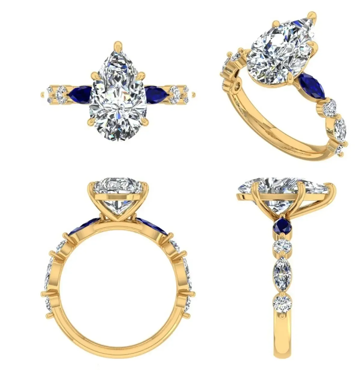 Pear , Marquise & Round Diamond With Marquise Colour Stone Engagement Ring 