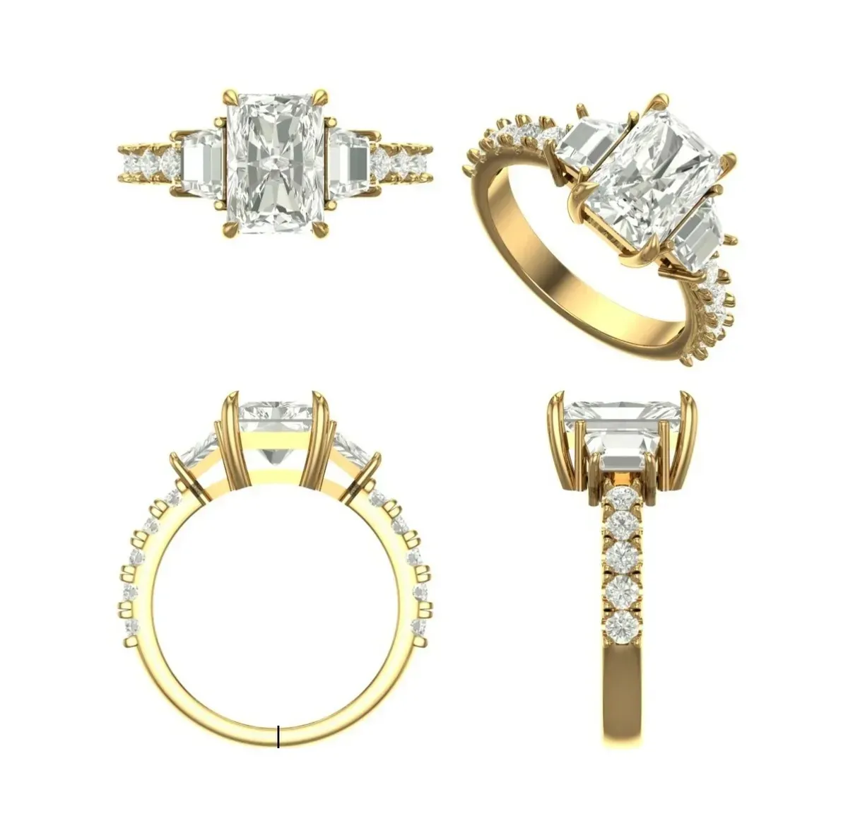 Radiant, Trapezoid & Round Diamond Engagement Ring