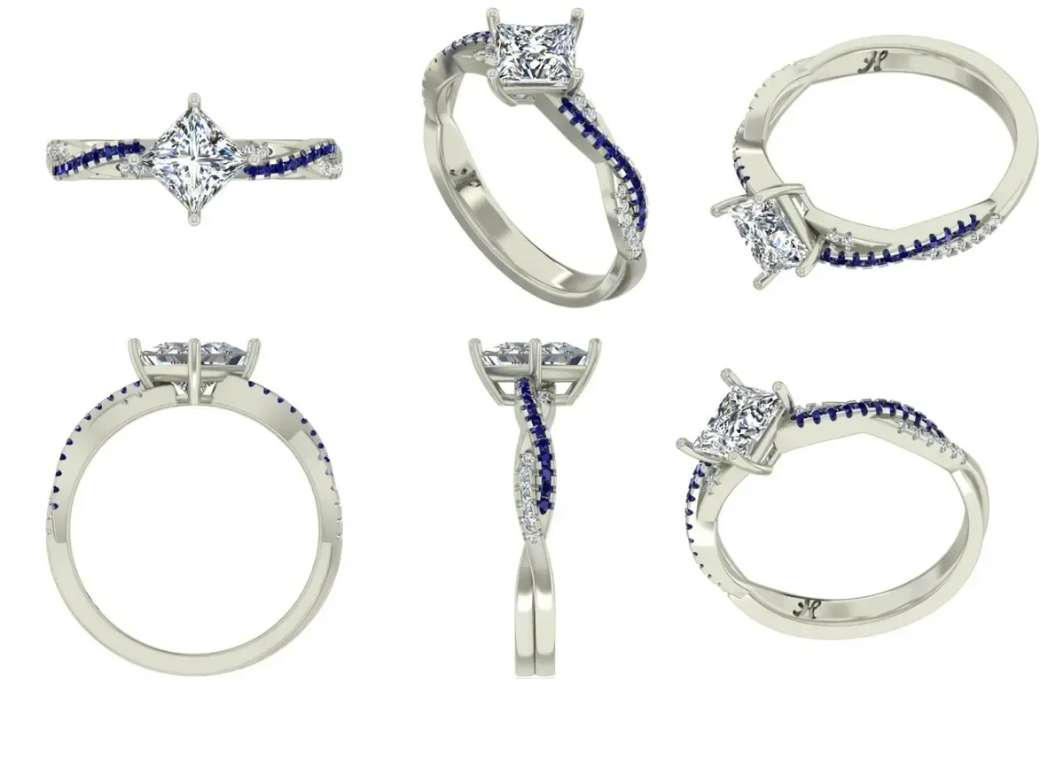 Princess & Round Diamond With Round Colour Stone Engagement Ring 