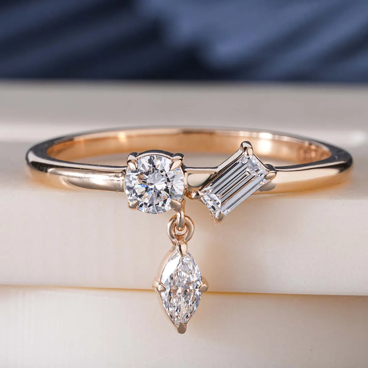 Baguette, Marquise & Round Diamond Hanging Ring 