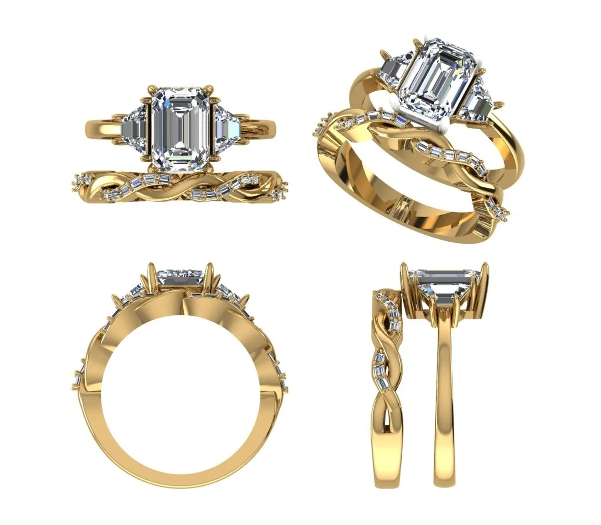Emerald, Trapezoid & Baguette Diamond Fashion Engagement Ring 