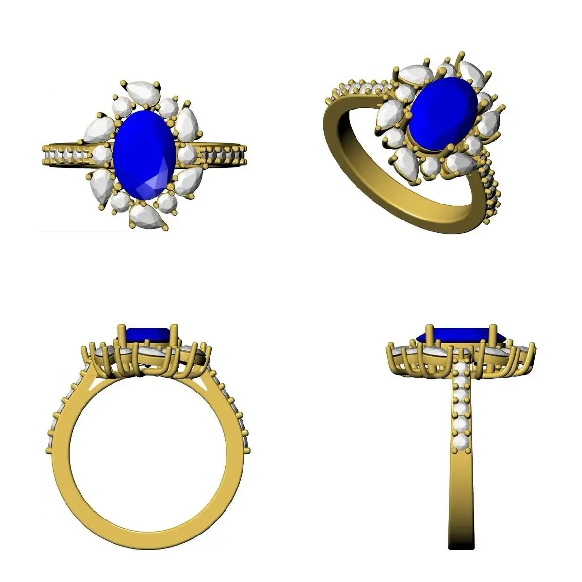Pear & Round Diamond With Oval Colour Stone Fashion Ring 