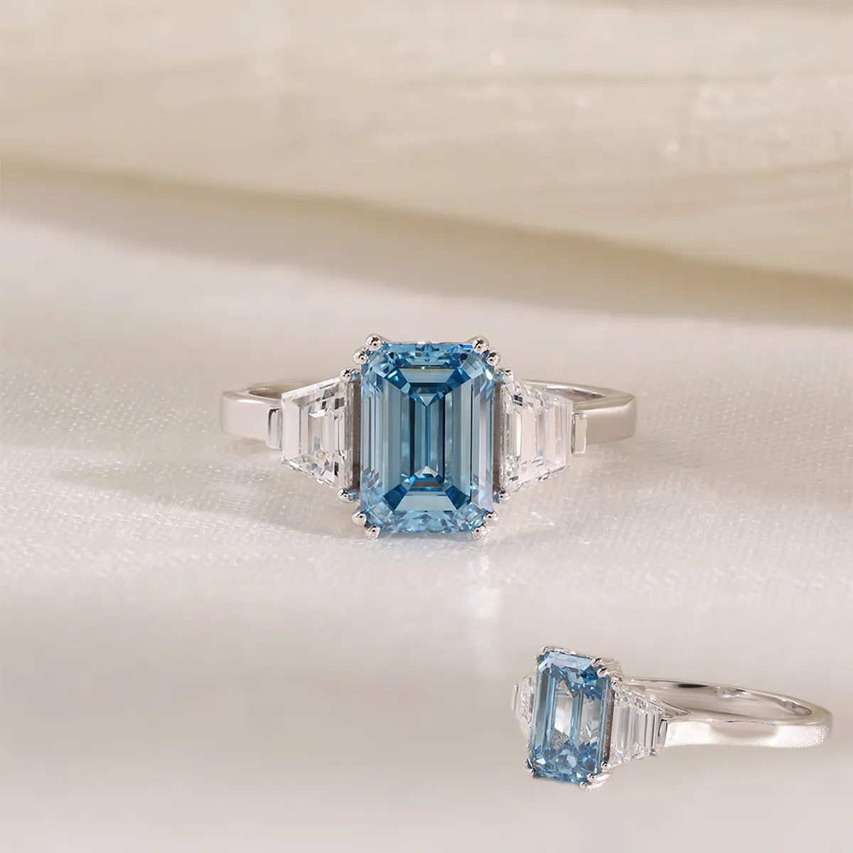 Emerald & Trapezoid Diamond Engagement Ring 