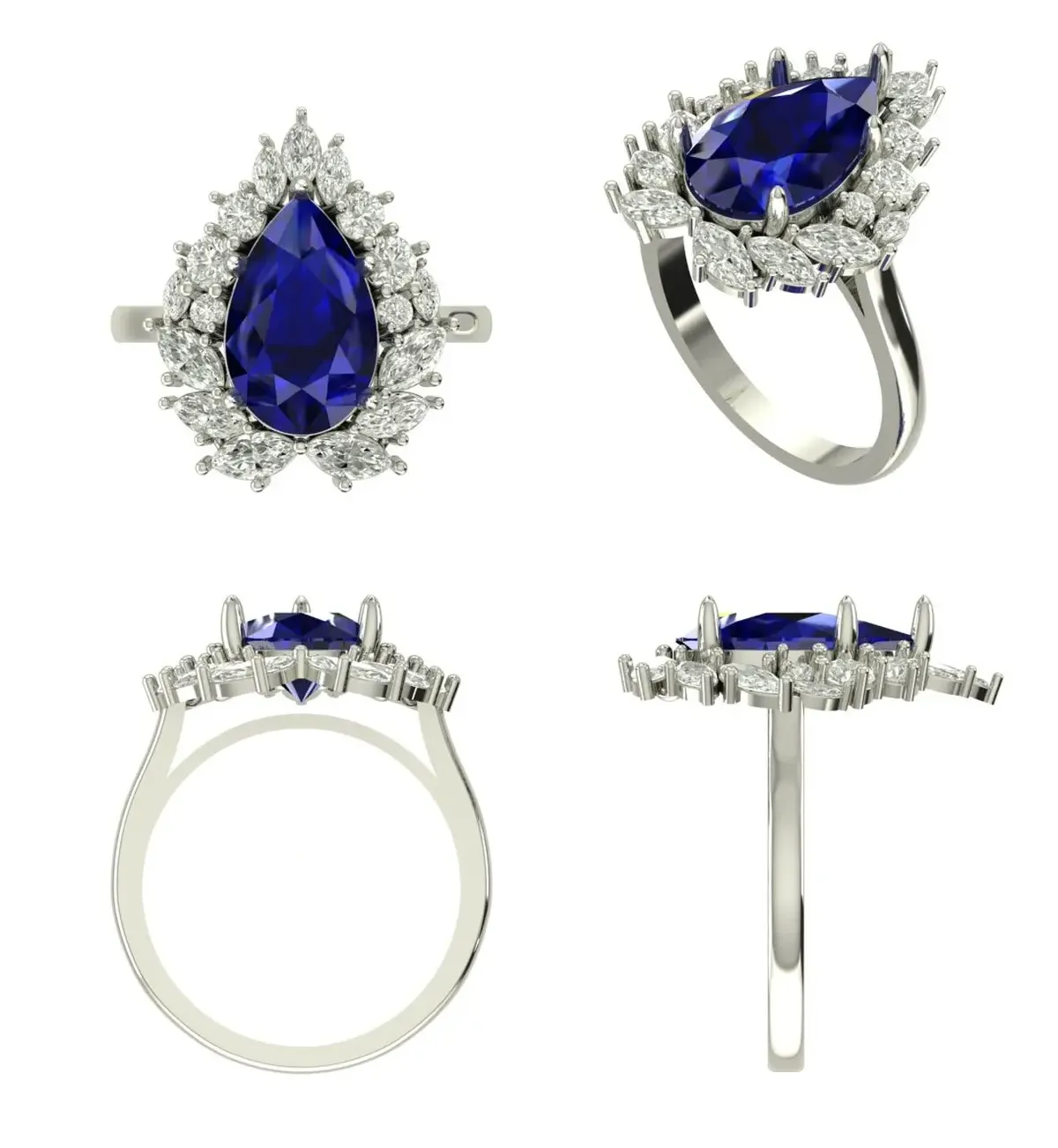 Marquise, Pear & Round Diamond With Colour Stone Engagement Ring