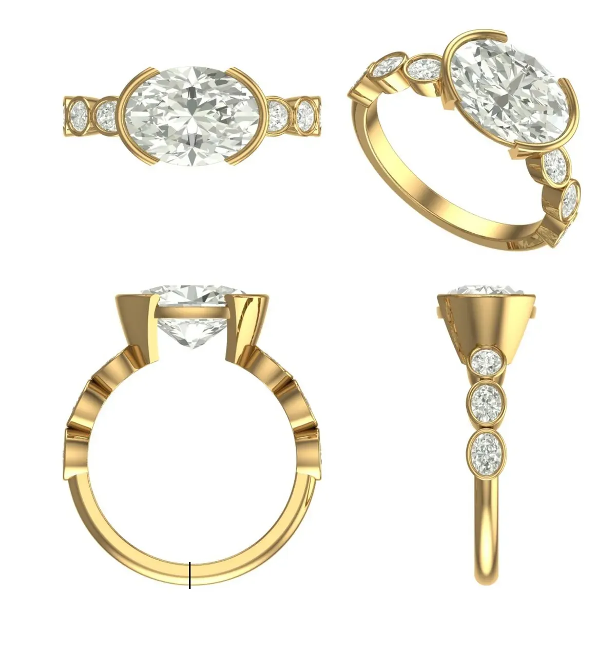 Bezel Setting Oval & Round Diamond Engagement Ring 