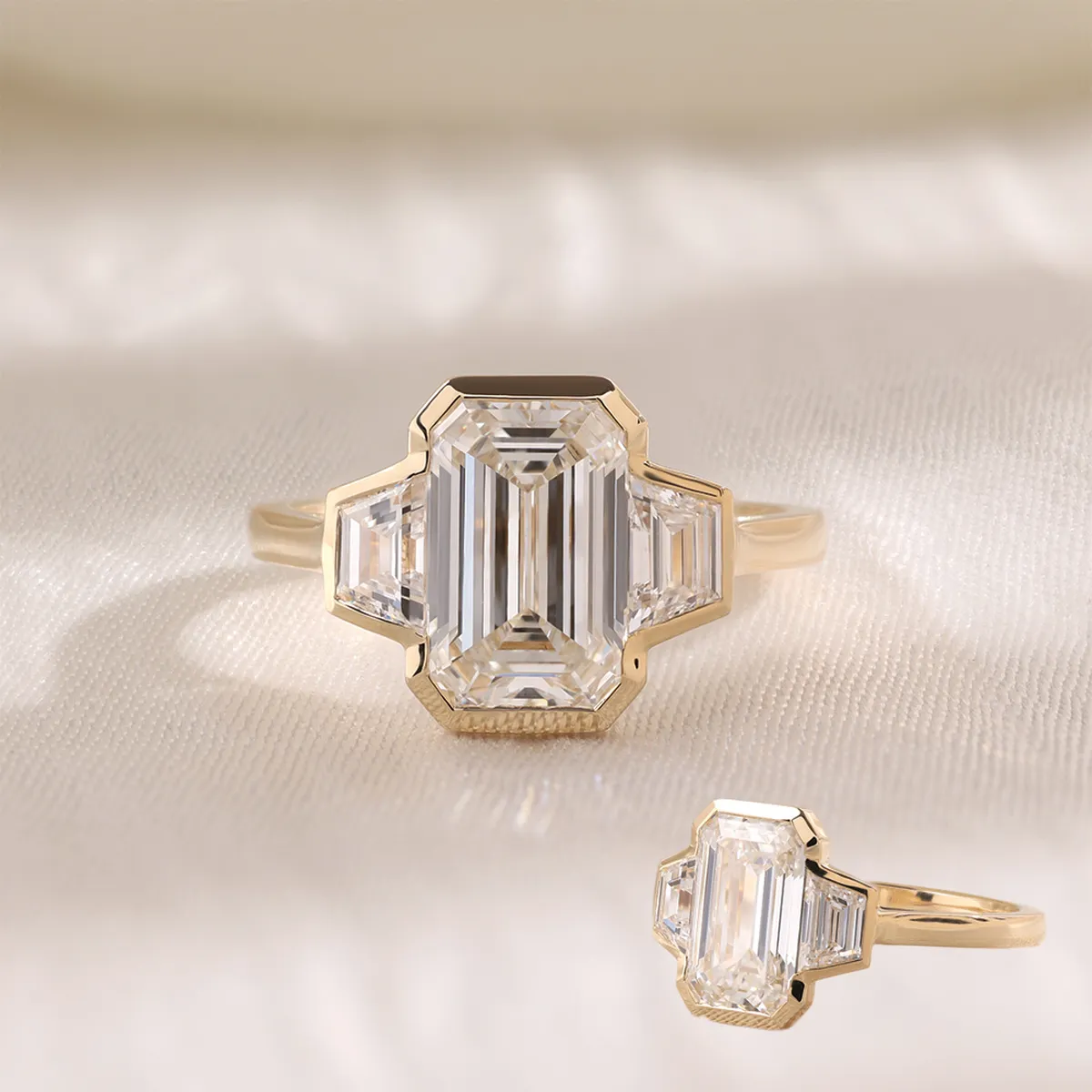 Emerald & Trapezoid Diamond Engagement Ring 