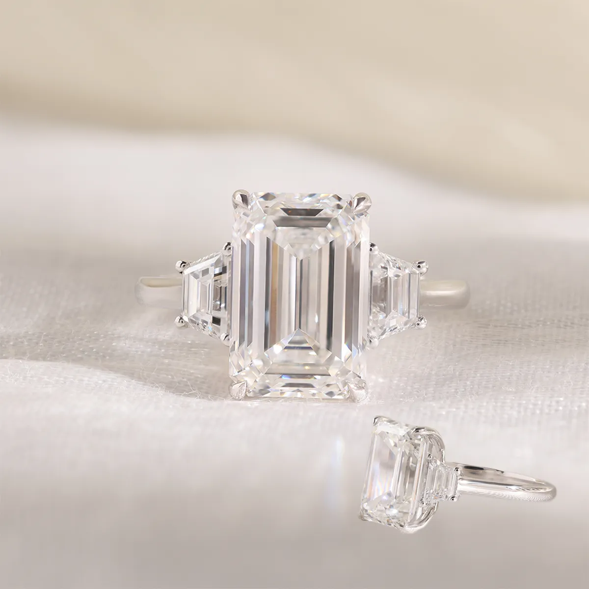 Emerald & Trapezoid Diamond Engagement Ring 